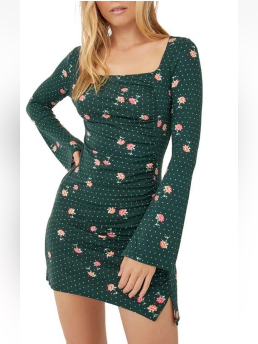 FREE PEOPLE NWT Celia Floral Emerald Combo Jewel Neck Long Sleeve Mini Dress
